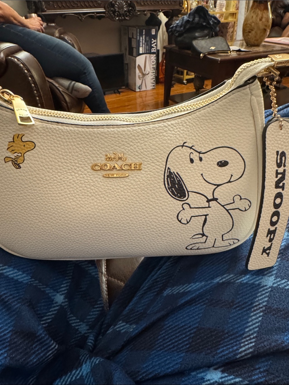 Coach Cream Pebbled Leather Snoopy Wristlet with Gold Accents
